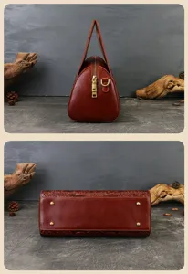 Vintage embossed genuine leather handbag detail view, showing side profile and bottom metal feet.