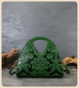 Vintage dark green embossed leather handbag, elegant top handle shoulder crossbody bag for women.