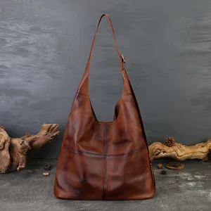 Retro Genuine Leather Tote Bag For Women Large Capacity Vintage Cowhide Shoulder Crossbody Bag Casual Commuter Handbag