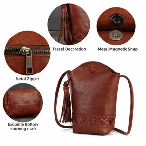 Sac seau en cuir rétro, mini sac bandoulière avec frange, sac de téléphone vintage décontracté.