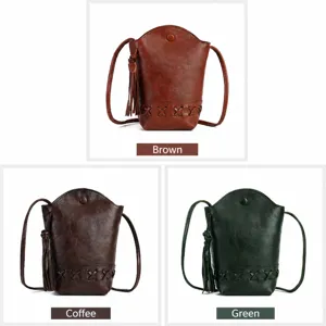 Sac bandoulière en cuir vintage pour femme, élégant petit sac seau tressé avec franges.