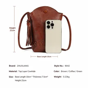 Sac seau vintage en cuir avec franges et coutures croisées, mini sac bandoulière pour femme.