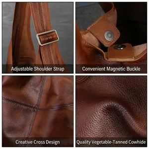 Vintage genuine leather tote bag for women, large capacity shoulder bag with adjustable strap.