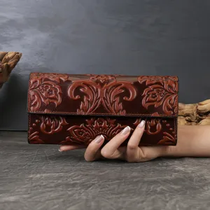 Genuine Leather Long Wallet For Women Three Fold Embossed Floral Large Capacity Clutch Purse Multi Card Slot