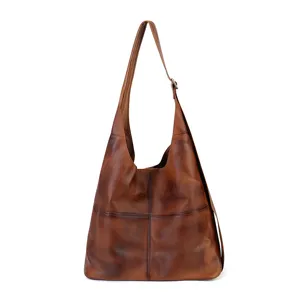 Vintage genuine leather hobo shoulder bag for women large capacity brown tote crossbody bag