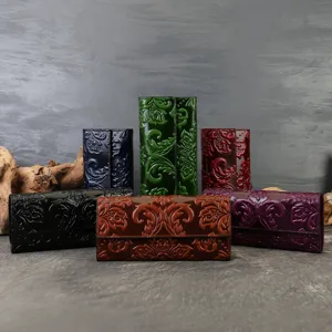 Genuine leather embossed long wallet for women, large capacity tri-fold clutch purse card holder.