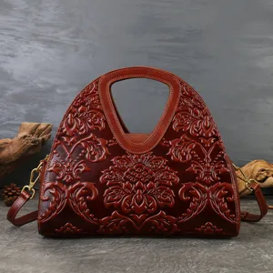 Women Genuine Leather Handbag Vintage Top Layer Cowhide Embossed Shoulder Crossbody Bag Retro Tote For Daily Commute