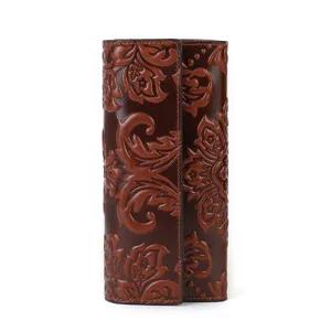 Women long genuine leather wallet vintage embossed tri fold clutch large capacity purse dark brown
