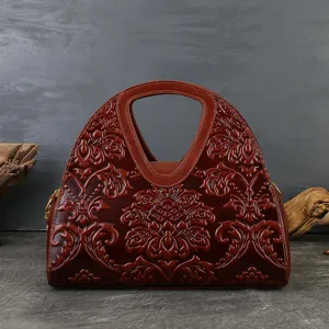 Vintage embossed leather handbag for women luxury retro top handle shoulder bag stylish