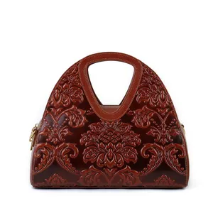 Vintage embossed leather handbag for women, elegant top handle tote bag with floral pattern