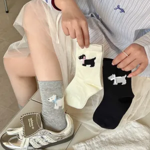 Cute pixel dog mid-calf socks with bow, casual knit cotton socks for women, spring summer.