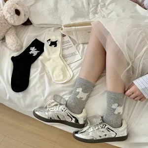 Cute puppy embroidered mid-tube socks with bow for women, comfortable daily wear style