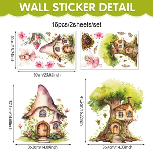 Set adesivo murale fata farfalla casa fungo cartone animato acquerello per cameretta.