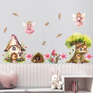 Adesivo murale fata cartone animato acquerello casa fungo PVC per stanza bambini
