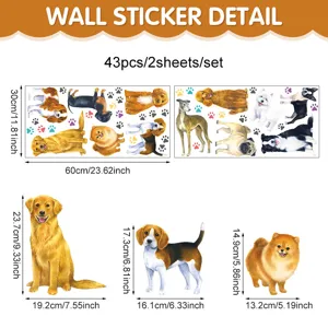 Schattige honden muursticker set, 43stks zelfklevende PVC stickers voor kinderkamer decor.