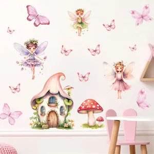 Adesivi murali fata acquerello, simpatici sticker farfalla e casa fungo per camera bambini.