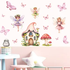 Dettaglio adesivo murale fata fungo cartone animato acquerello carina decorazione camera.