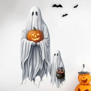 Halloween weiße Geist Wandaufkleber Set mit Kürbis und Fledermäusen für gruselige Raumdekoration.