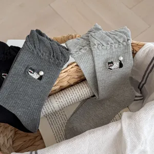 Cute cat embroidered bubble cuff mid tube socks for women cozy cotton winter socks
