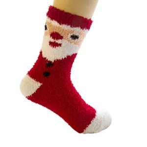 Plush Christmas coral fleece warm women socks with cute Santa design for cozy winter home wear.