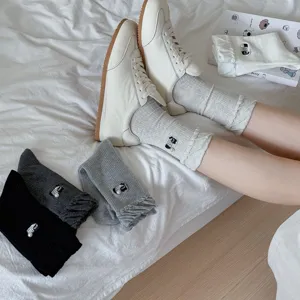 Cute puppy embroidered cotton mid-calf socks for women, Japanese style cozy knit hosiery.