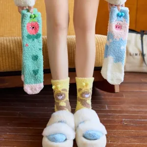 Cute cartoon animal coral fleece women socks winter warm cozy floor socks medium tube design.