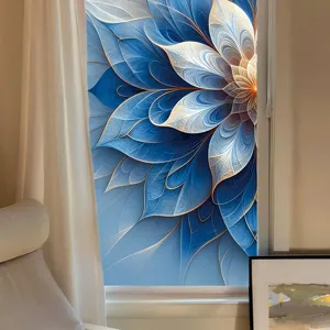Close-up of blue floral glass window sticker in cozy room, elegant floral privacy film.