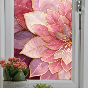 Pink floral window film detail with golden outline, static glass sticker for home decor.