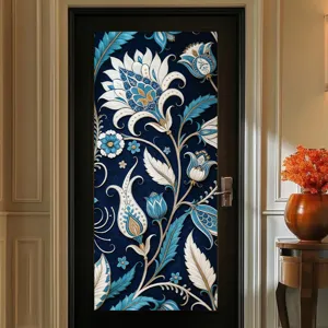 Detail view of blue and white floral door sticker, elegant botanical design for home decor.
