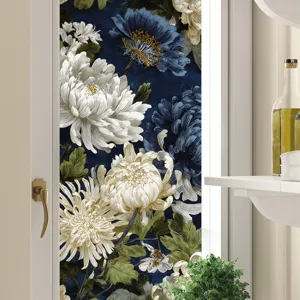 Detailed view of dark blue floral window sticker, elegant glass decor for home interior.