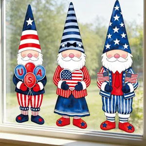patriotic gnome window sticker detail, star spangled banner decor, 4th of july static cling