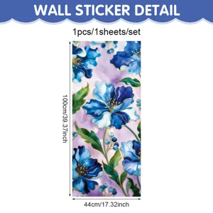 Blue floral wall sticker detail showcasing waterproof PVC material and vibrant botanical design.