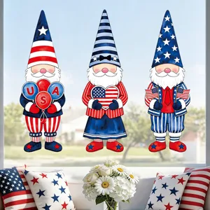 Patriotic gnome window stickers for Independence Day, cute star and stripes designs for glass.