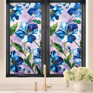 Blue floral window film static cling decorative glass sticker for home bedroom living room