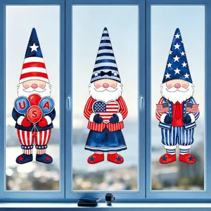 Fourth of July window stickers set, patriotic gnomes static clings for holiday decor.