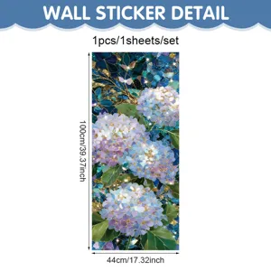 Blue hydrangea wall sticker detail view, elegant floral glass window decal for home decor.