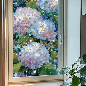 Hydrangea glass window sticker for home decor, beautiful floral static cling film detail view.