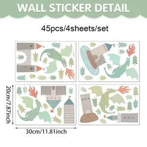 Boho Aquarell Drache und Burg Wandaufkleber fuer Kinderzimmer 45 Stueck 4 Blaetter Set