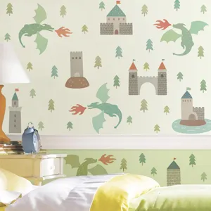 Aquarelle Drache und Schloss Wandtattoo für Kinderzimmer Babyzimmer Deko PVC Aufkleber