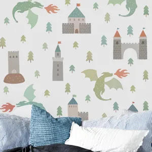 Boho Aquarell Drache Und Schloss Wandtattoo Selbstklebende PVC Dekative Aufkleber Für Kinderzimmer Jungen Schlafzimmer Heimdekoration