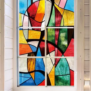Stained glass window film detail, colorful geometric static cling, retro church style sticker