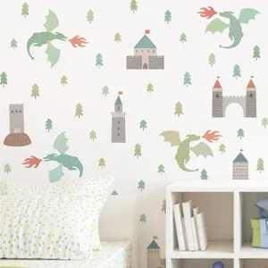 Aquarell Drache und Burg Wandtattoos für Kinderzimmer, böhmische selbstklebende PVC Deko.