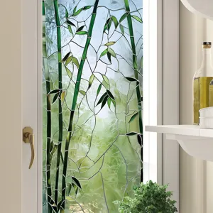Bamboo glass window film, stained glass privacy sticker for home decor and smooth glass surfaces.