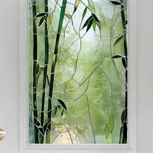 Translucent green bamboo window film detail shot, decorative privacy glass sticker for home.