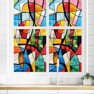 Colorful geometric stained glass window film, vintage church style sticker for home decor.