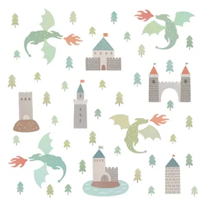Aquarell Drache und Burg Wandaufkleber für Kinderzimmer Schlafzimmer Deko Aufkleber