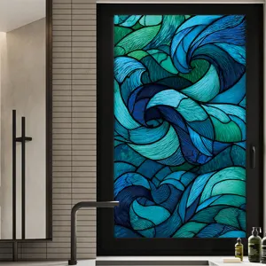 Decorative window film with abstract blue wave stained glass design, static cling privacy PVC sticker.