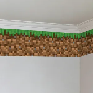 Minecraft style pixel grass block wall border sticker close up view for bedroom
