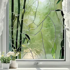 Decorative bamboo window film privacy glass sticker green leaves self-adhesive translucent PVC