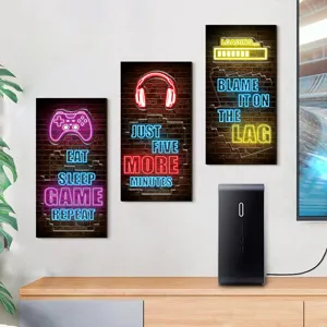 Gamer wooden wall art sign neon style gaming room bedroom hanging decor detail view showcase